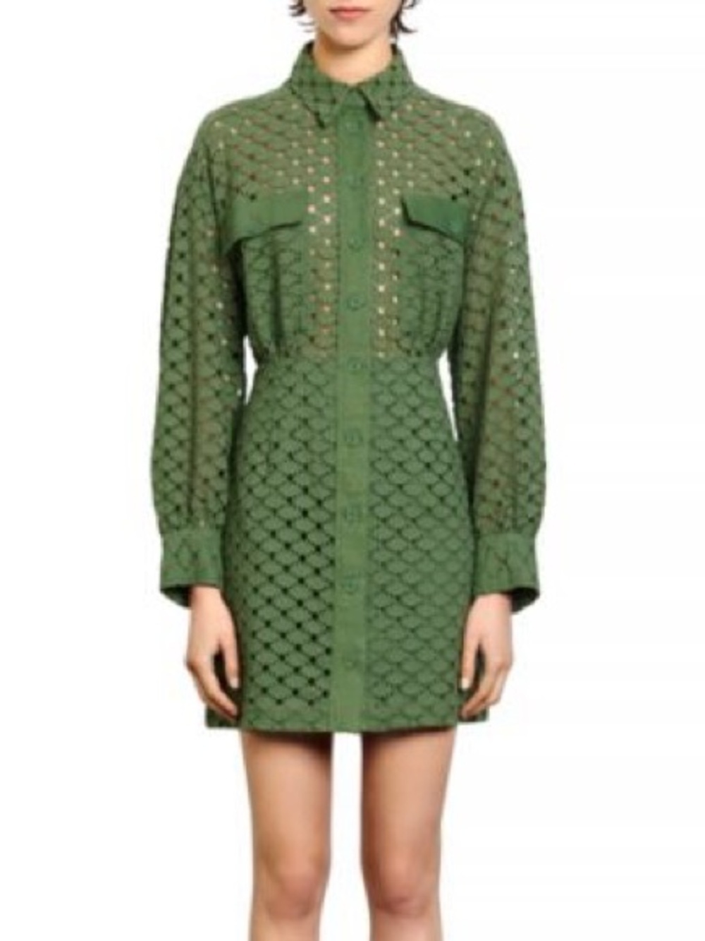 Sandro KHAKI GREEN Shera Lace Eyelet Shirt Dress Women's Button-Down Dress (123)